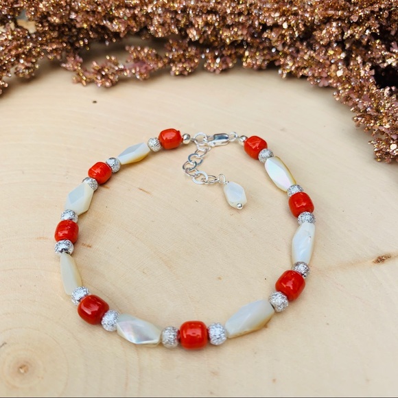 Mother of Pearl and Red Coral Sterling Bracelet - Picture 5 of 8